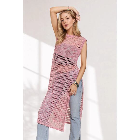 ADORA Multi Color Sleeveless Round Neck Side Slit Crochet Tunic Top | Pink - Picture 3 of 6